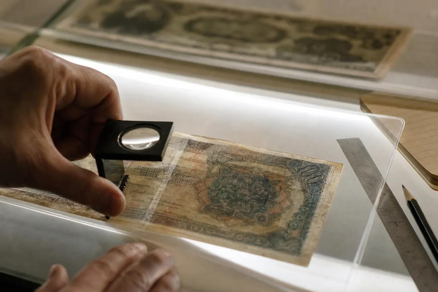 Collector using a loupe and light panel to document a fictional old banknote inside an archival sleeve