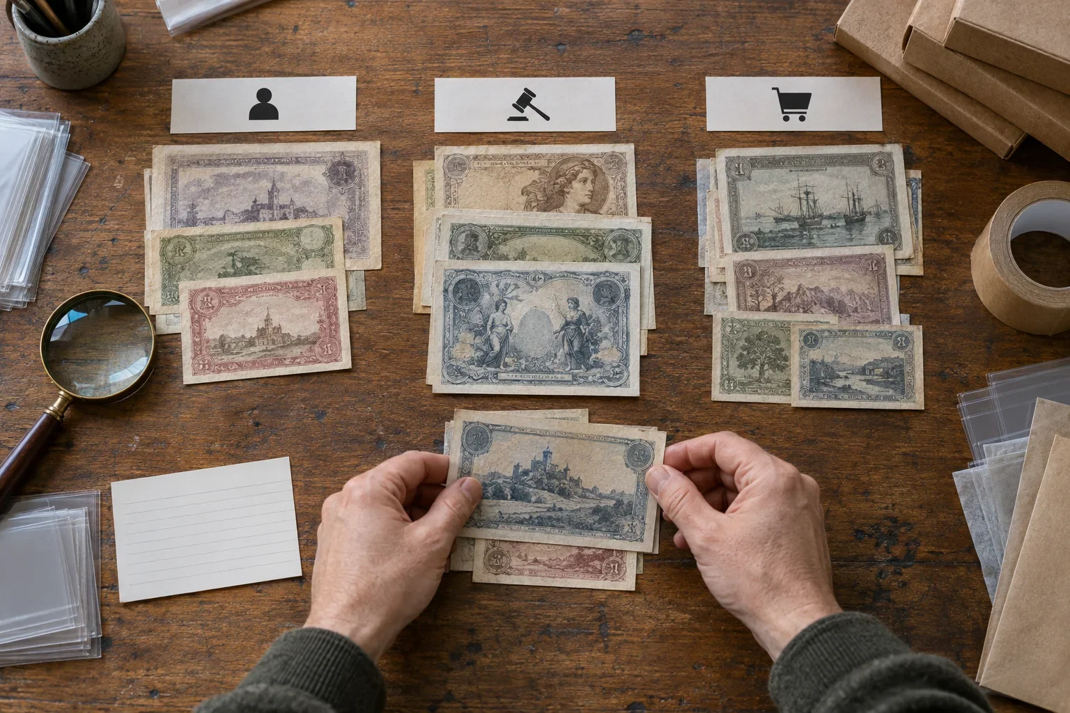 Collector sorting fictional obsolete banknotes into groups for a dealer, auction, and online sale