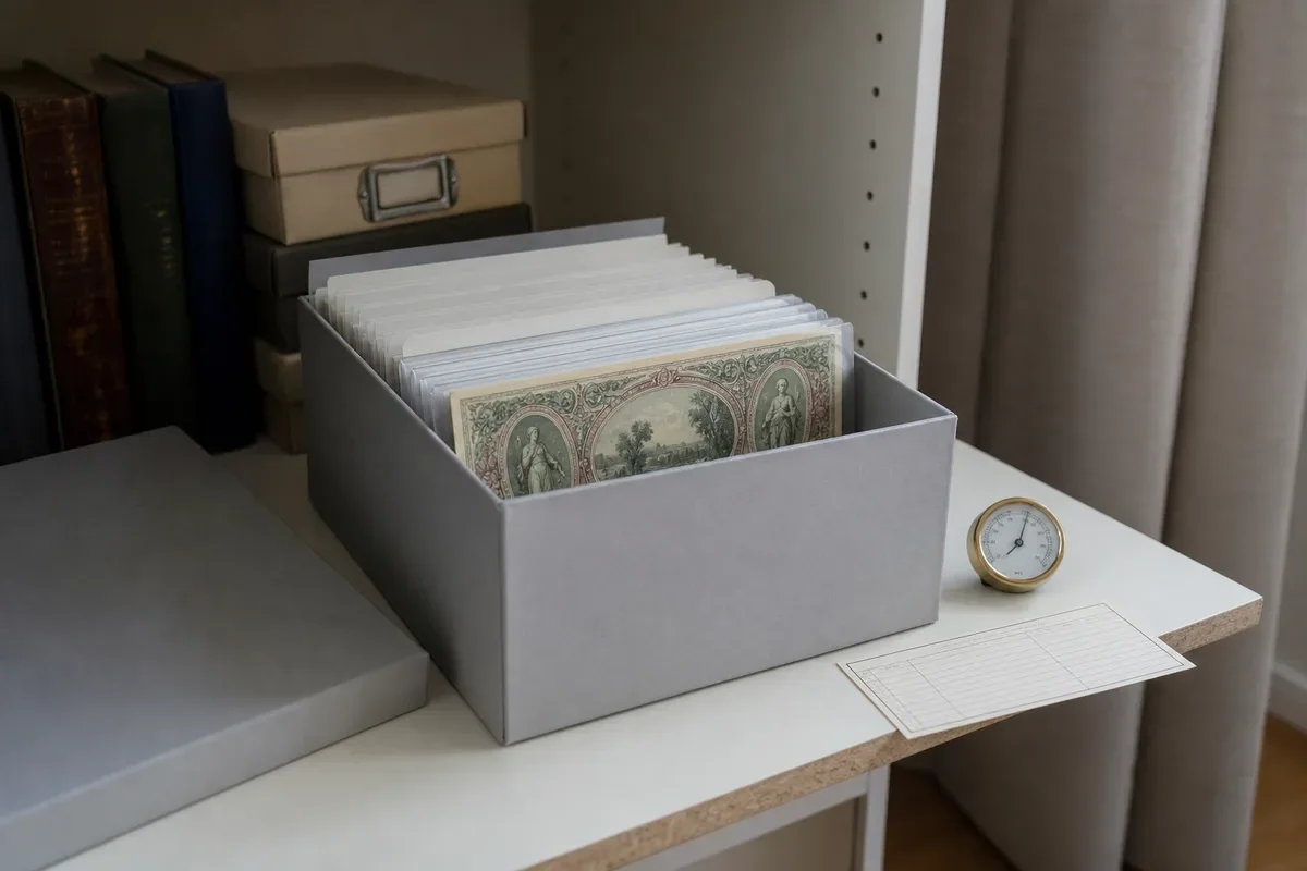 Sleeved fictional banknotes supported by dividers in an archival box on an interior shelf