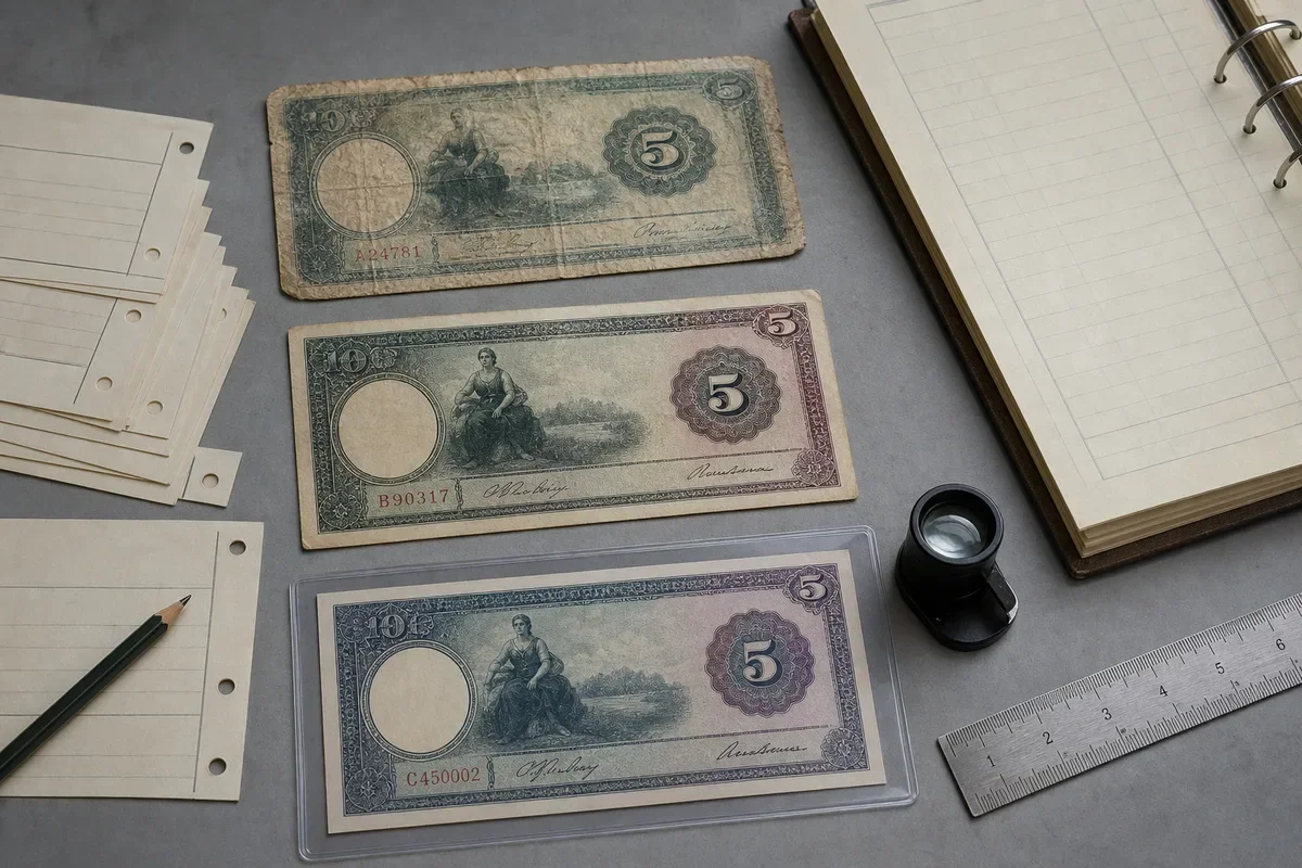 Three related fictional banknote varieties compared beside blank census cards, a ledger, loupe, and ruler