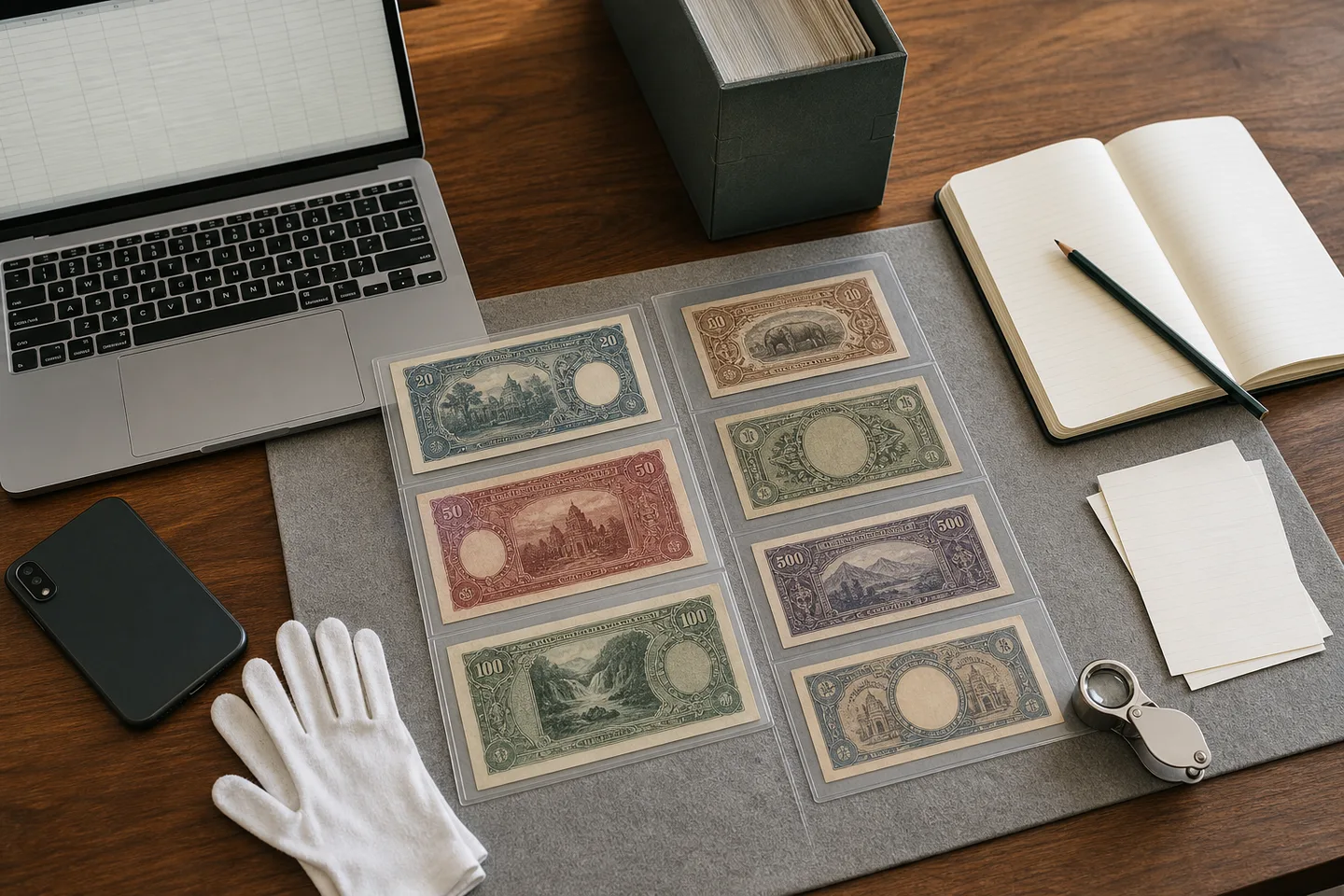 Fictional obsolete banknotes in archival sleeves between a laptop grid, notebook, phone, and collection box