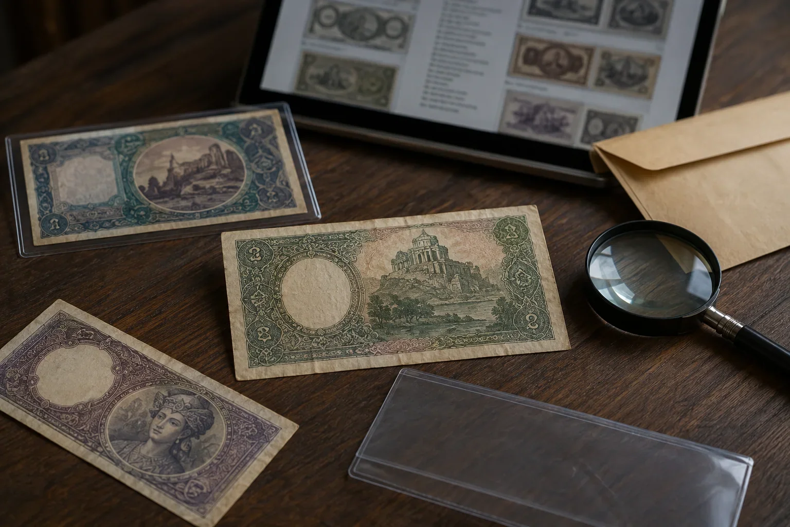 Fictional obsolete-style banknotes beside a central-bank reference page, magnifier, archival sleeve, and exchange envelope