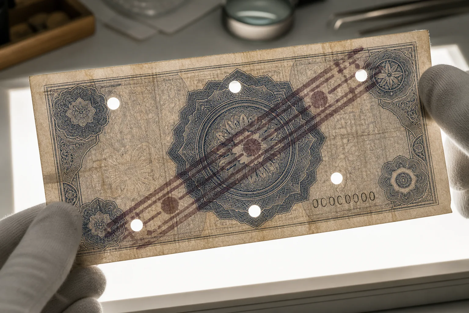 Gloved hands viewing a fictional perforated specimen banknote over a soft light table