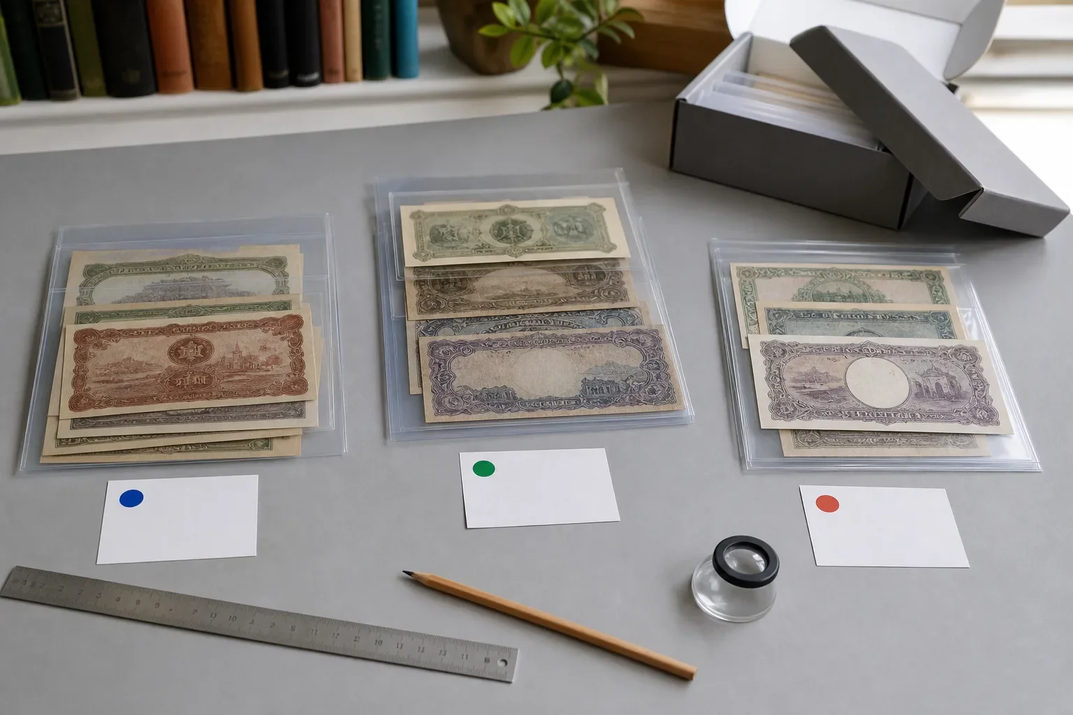 Tres lotes de billetes ficticios antiguos en protectores con tarjetas de colores e instrumentos de inventario