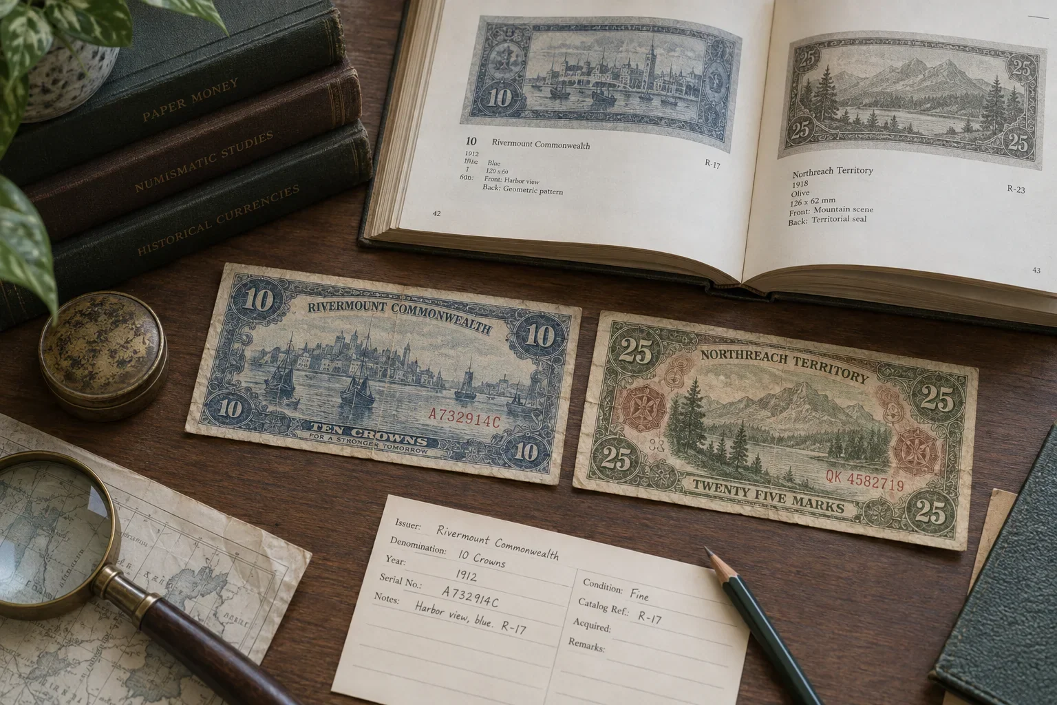 Two fictional vintage banknotes with different serial formats beside a catalog and collection record card