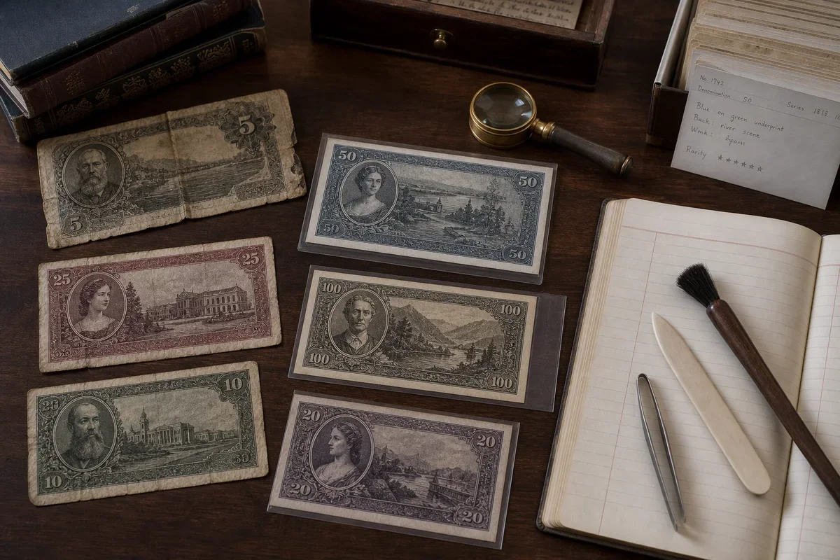 Fictional obsolete banknotes in varied condition arranged with a loupe, catalog cards, and a collector ledger