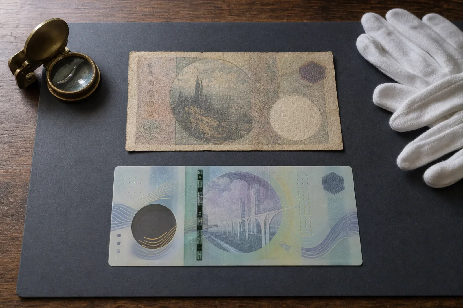 Fictional cotton-paper and polymer banknotes compared on a collector's archival mat
