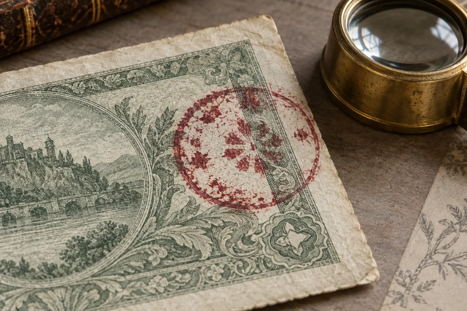 Macro view of a dark red secondary ink mark crossing the printed design of a fictional paper banknote