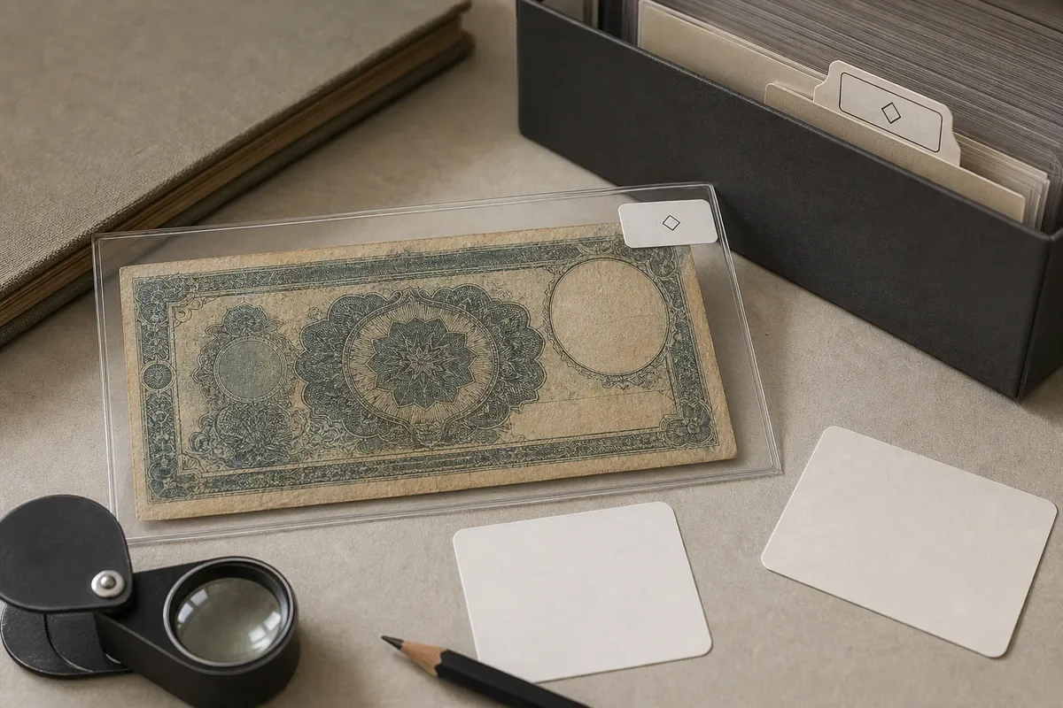 Billet ancien fictif sous pochette transparente portant le même repère géométrique que sa boîte d’archive