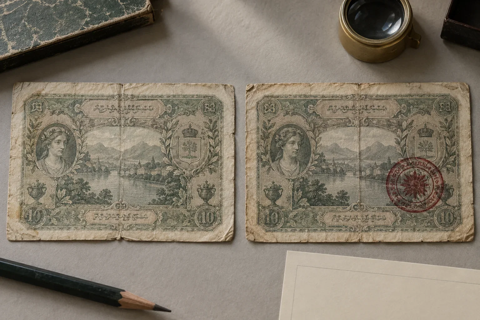 Two fictional obsolete notes from one design, one plain and one bearing a dark red stamp, beside a loupe