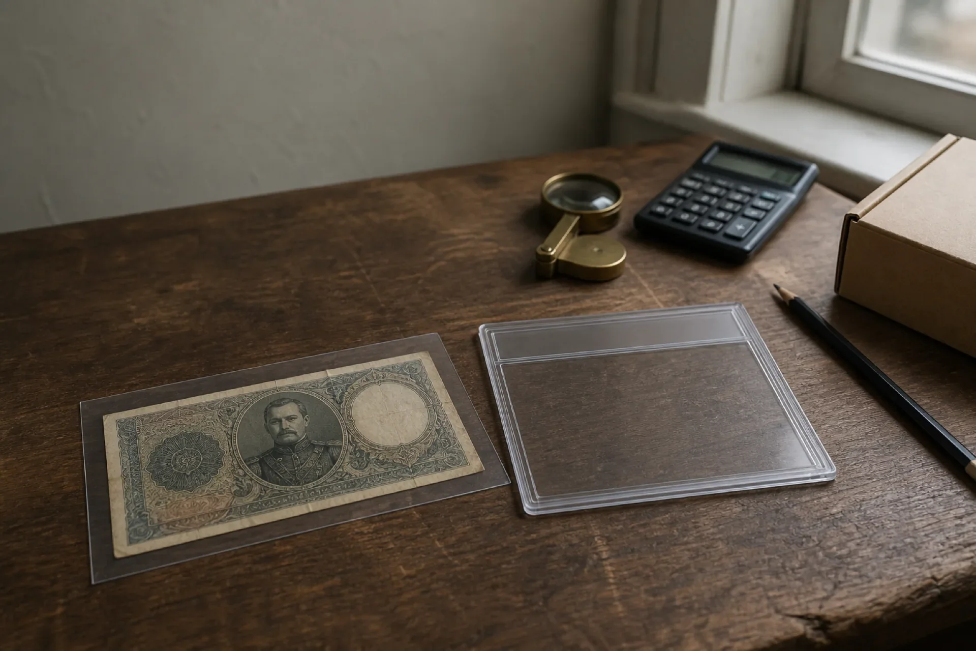 Fictional obsolete banknote in an archival sleeve beside a blank grading holder, loupe, calculator, and shipping box