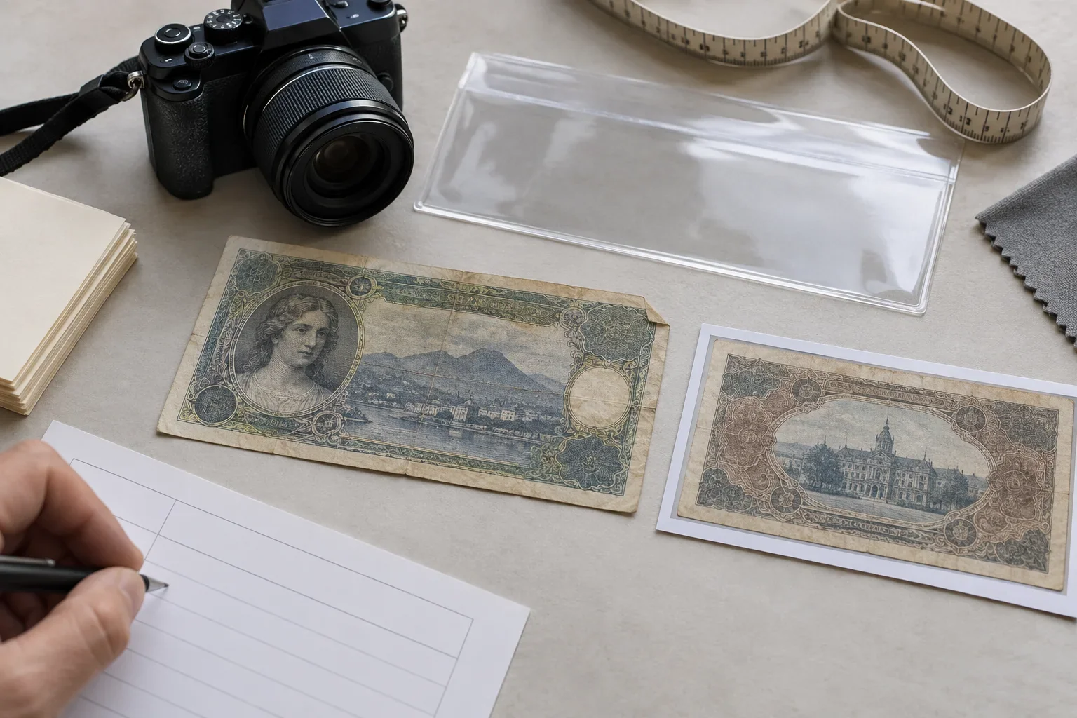 Fictional obsolete banknote beside a camera, archival sleeve, measuring tape, and blank inventory sheet