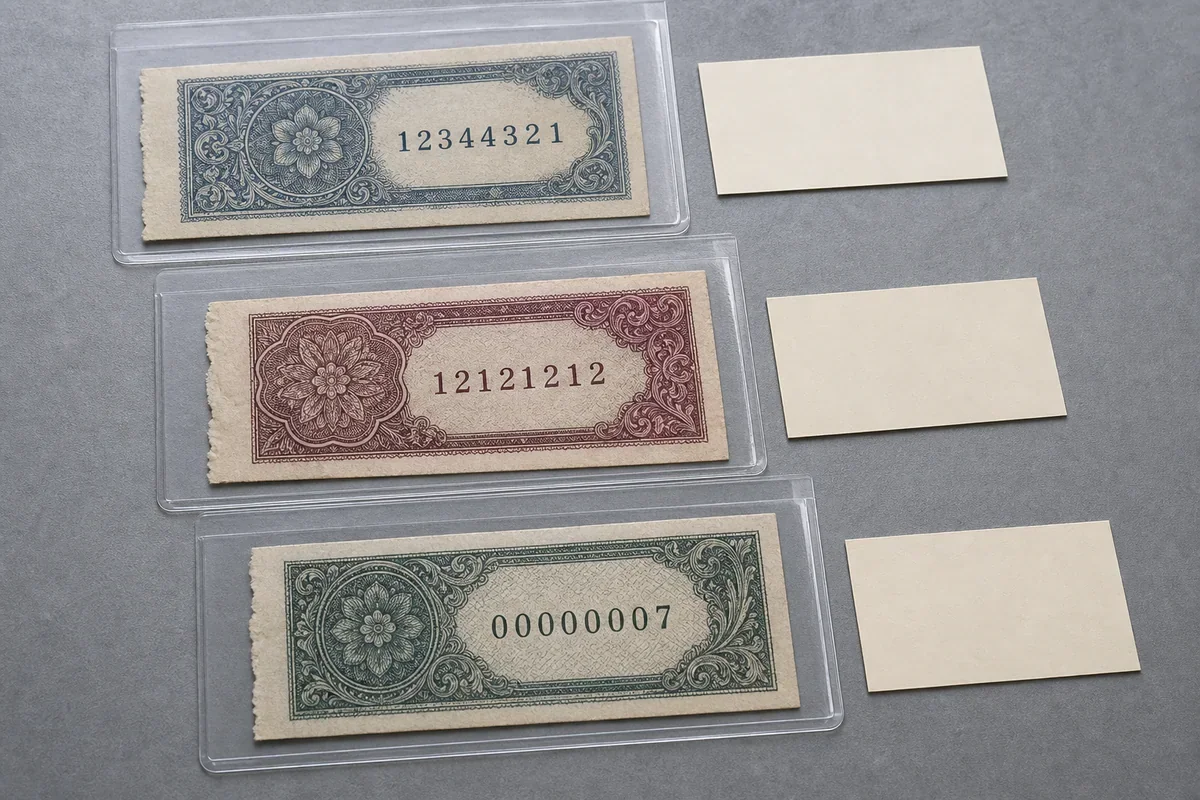 Three fictional banknote fragments showing radar, repeater, and low serial number patterns in archival sleeves