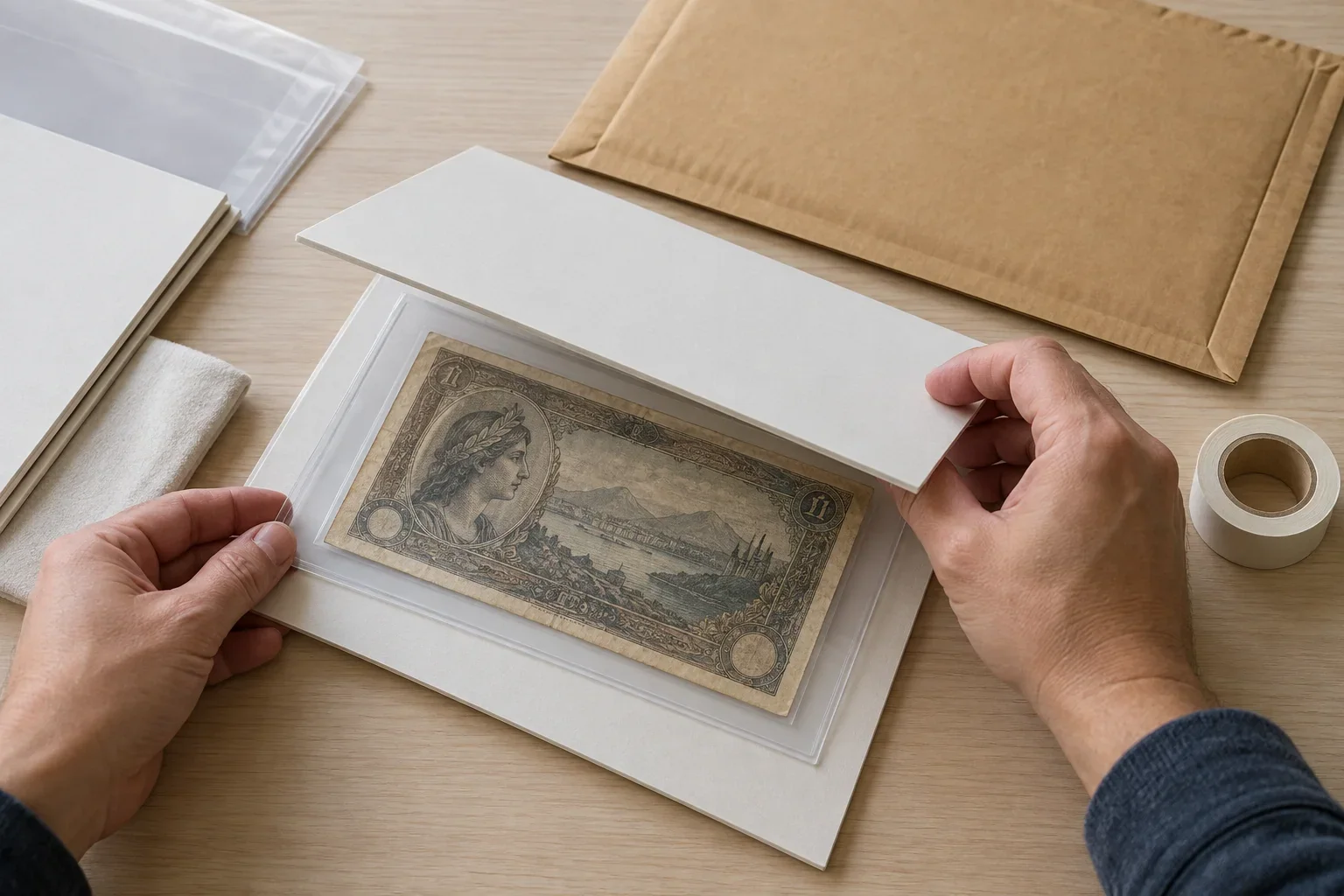 Hands placing a fictional obsolete banknote in an archival sleeve between two rigid boards for shipping