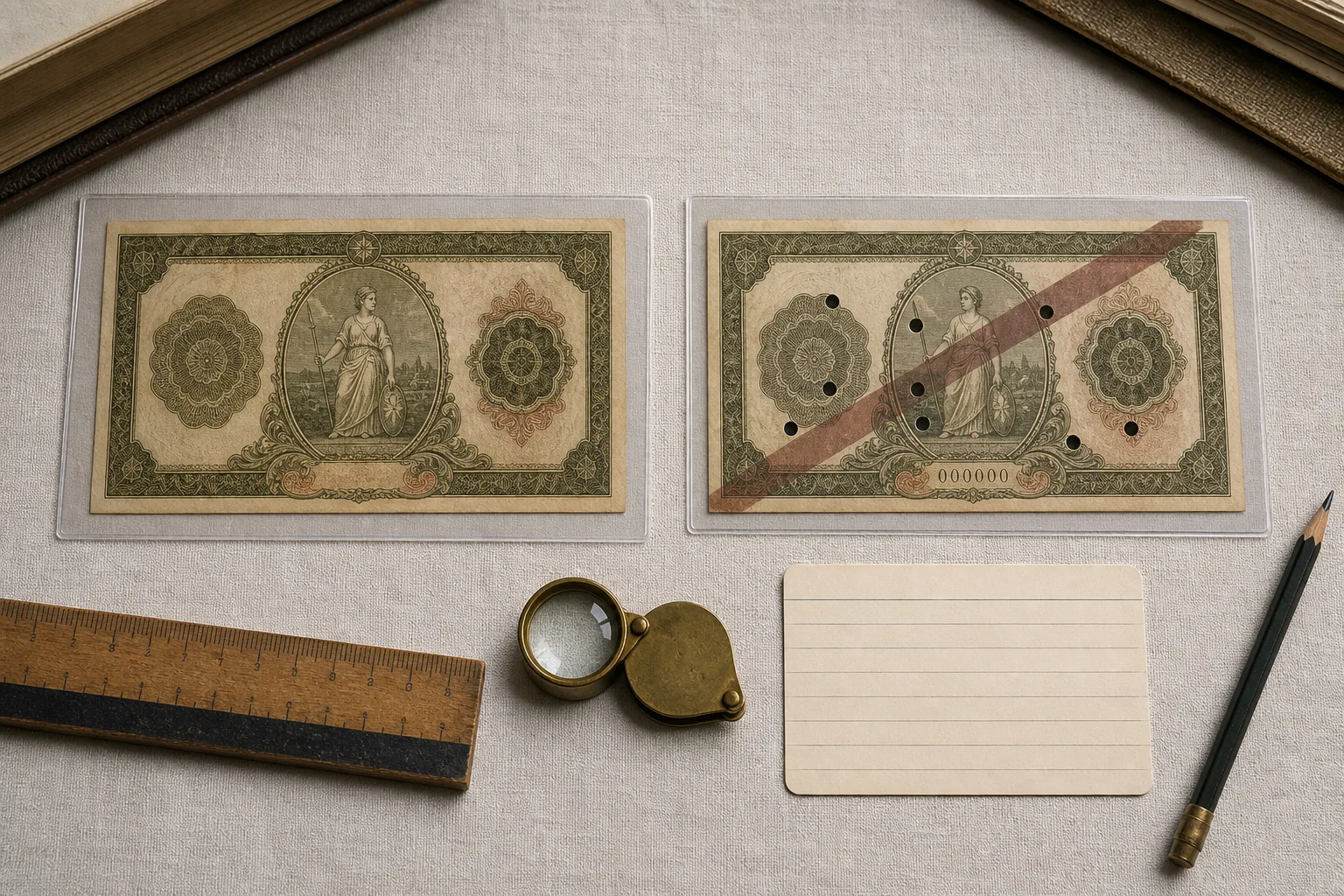 A normal fictional obsolete banknote compared with a cancelled specimen example in archival sleeves