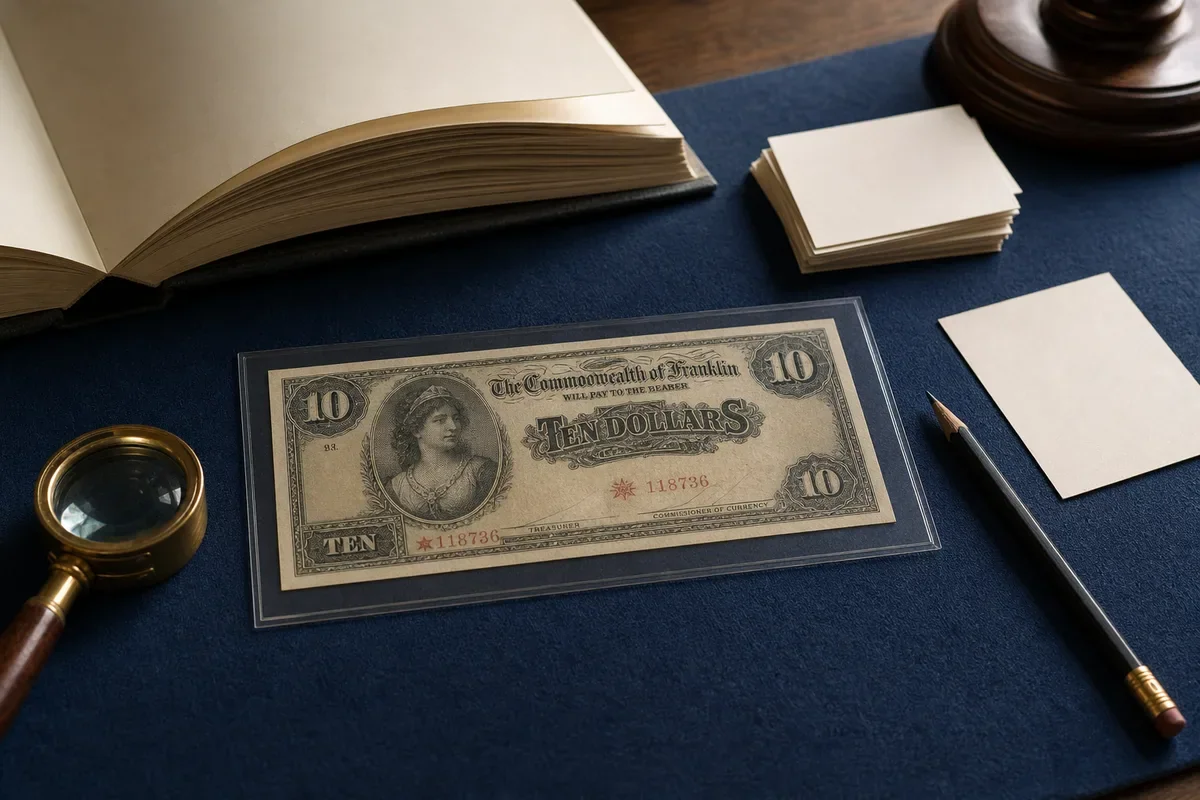 Fictional star replacement banknote in an archival sleeve beside a loupe, blank research cards, and a reference book