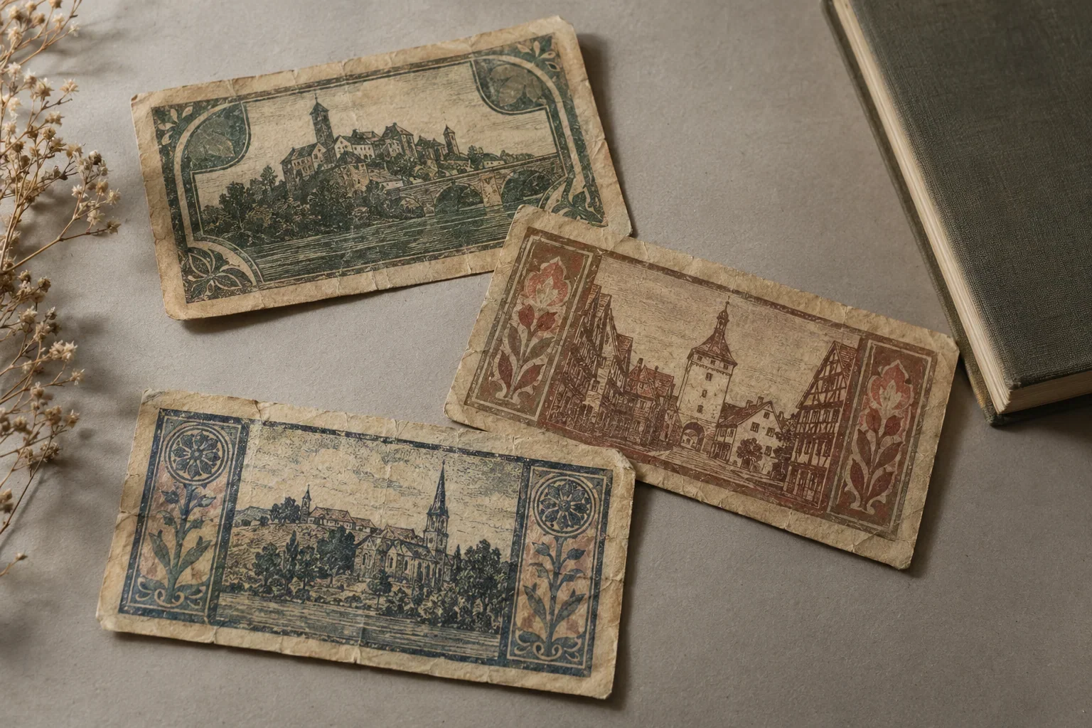 Fictional obsolete local paper notes arranged on a collector desk, an illustration rather than identification evidence