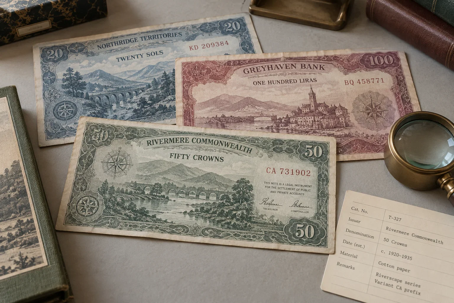 Three fictional obsolete-style banknotes with different serial prefixes beside a brass loupe and collector record card