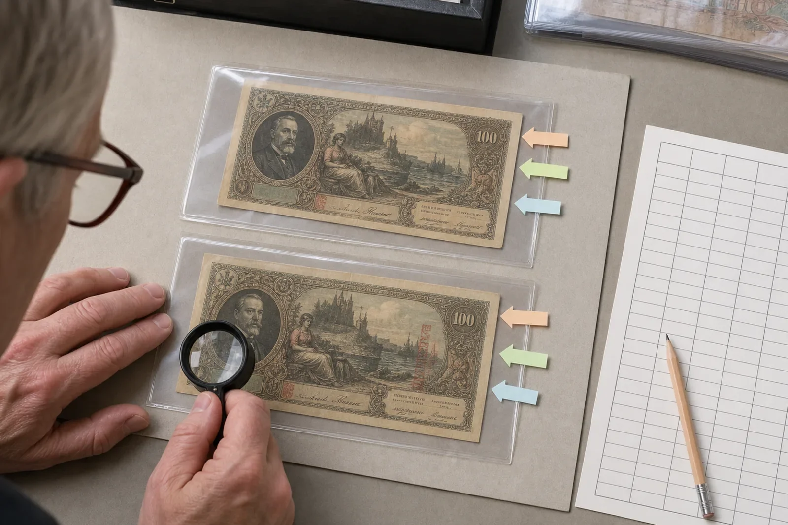 Collector comparing signature, overprint, and design differences on two fictional obsolete-style banknotes
