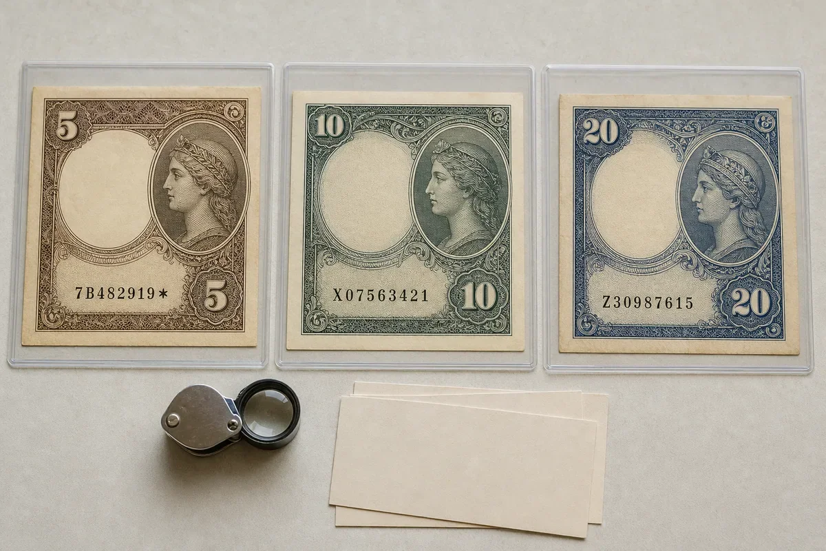 Three fictional replacement banknotes showing a star suffix, X prefix, and Z prefix in clear archival sleeves