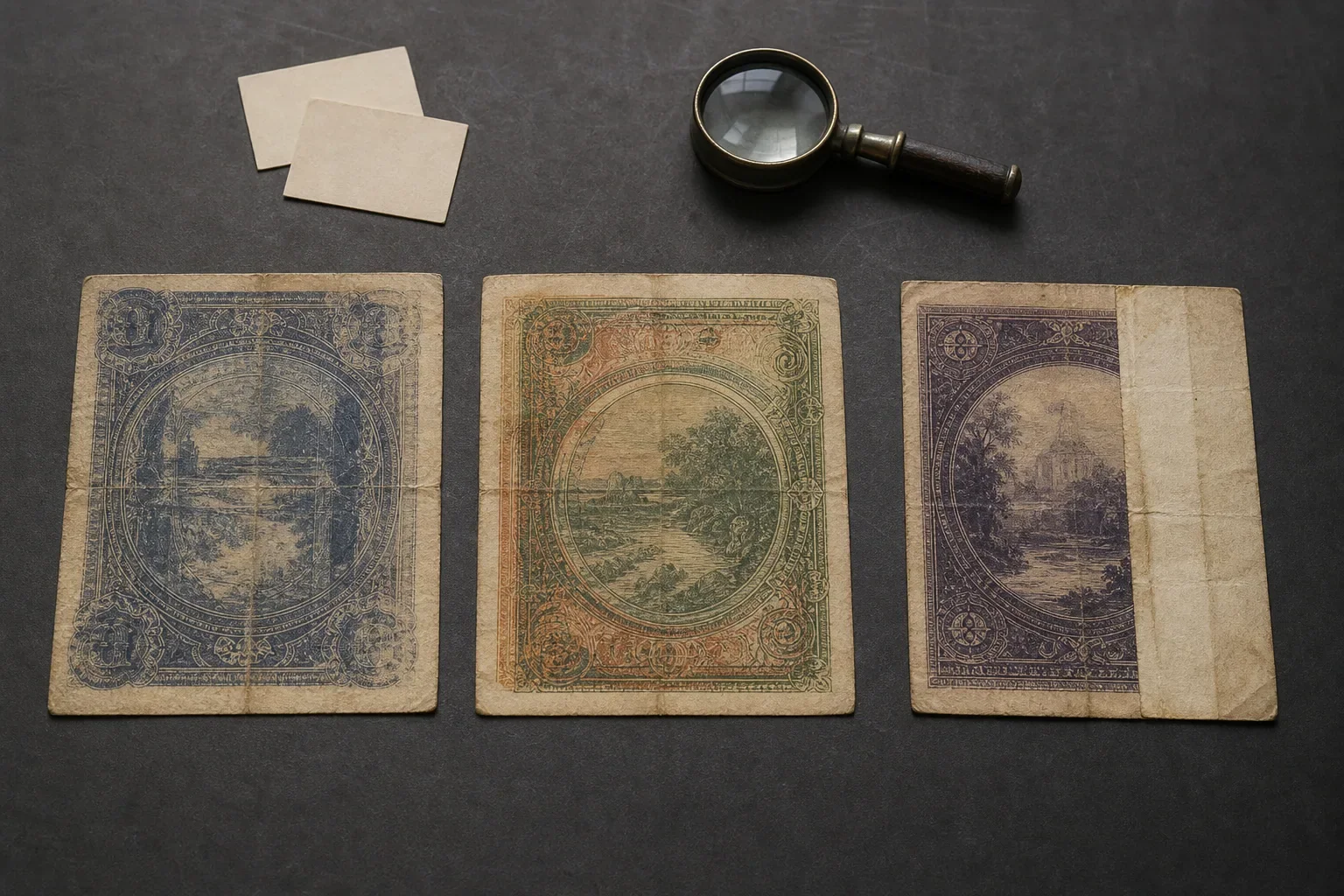 Three fictional obsolete notes arranged for comparison of offset, doubled-print and fold-related anomalies