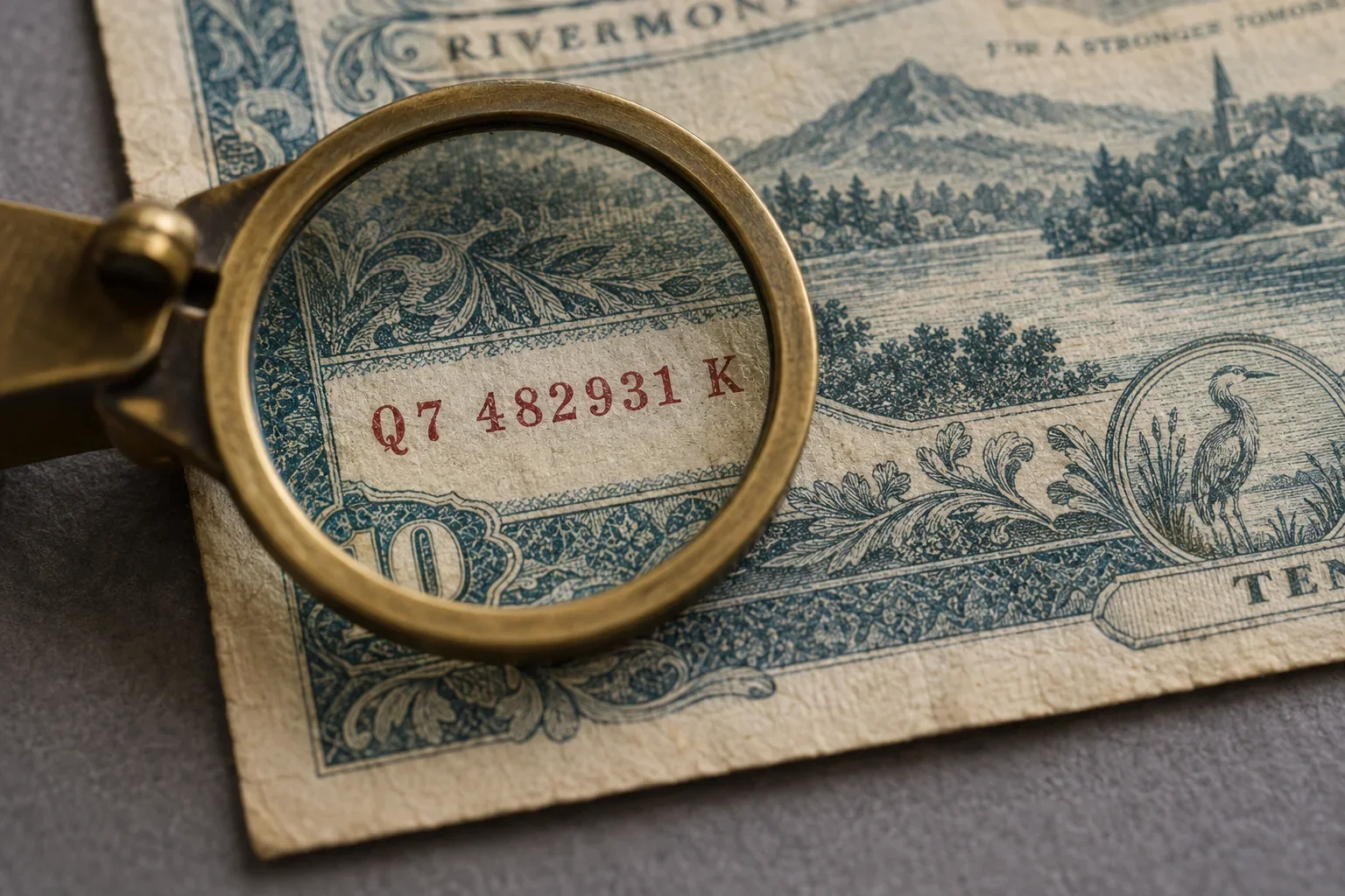 Macro view of an invented banknote serial prefix, number, and suffix beneath a brass loupe