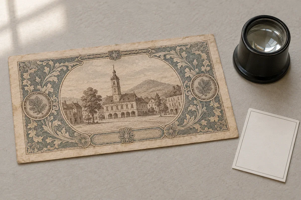 Fictional local paper note beside a blank record sheet and magnifier on a desk