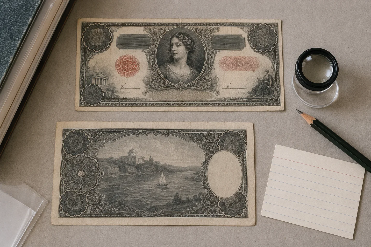 Fictional old banknote photographed front and back with issuer, date, signature, and serial areas under inspection
