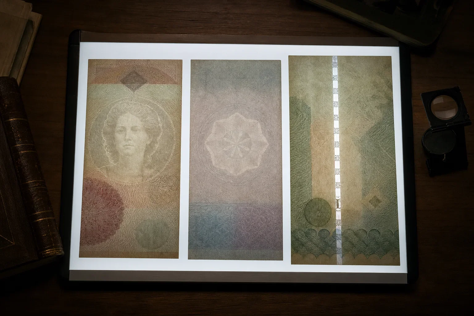 Three fictional banknote papers on a light panel showing a shaded watermark, geometric electrotype, and windowed thread