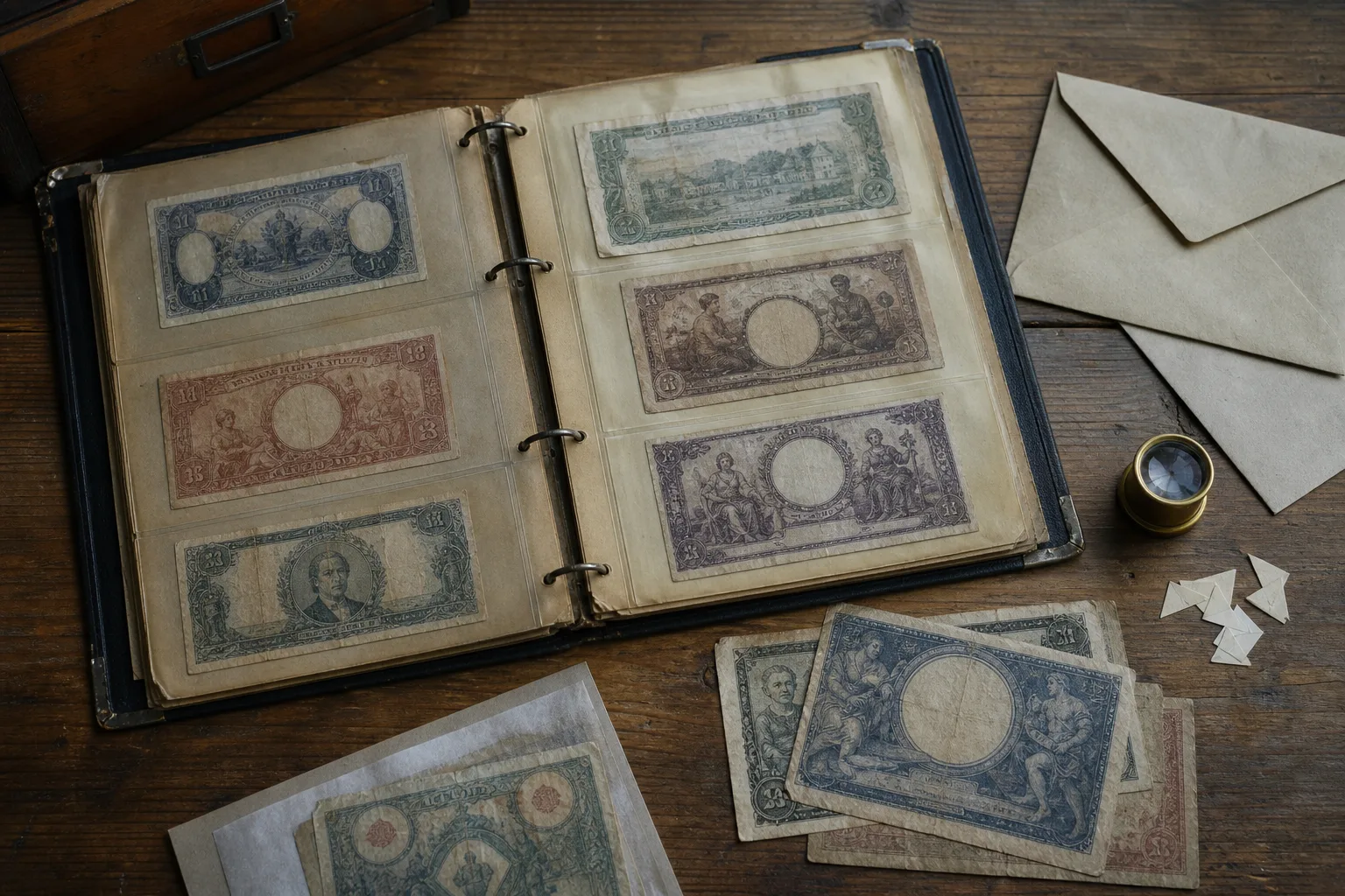 An inherited album of fictional obsolete banknotes with envelopes and a brass loupe on a wooden table
