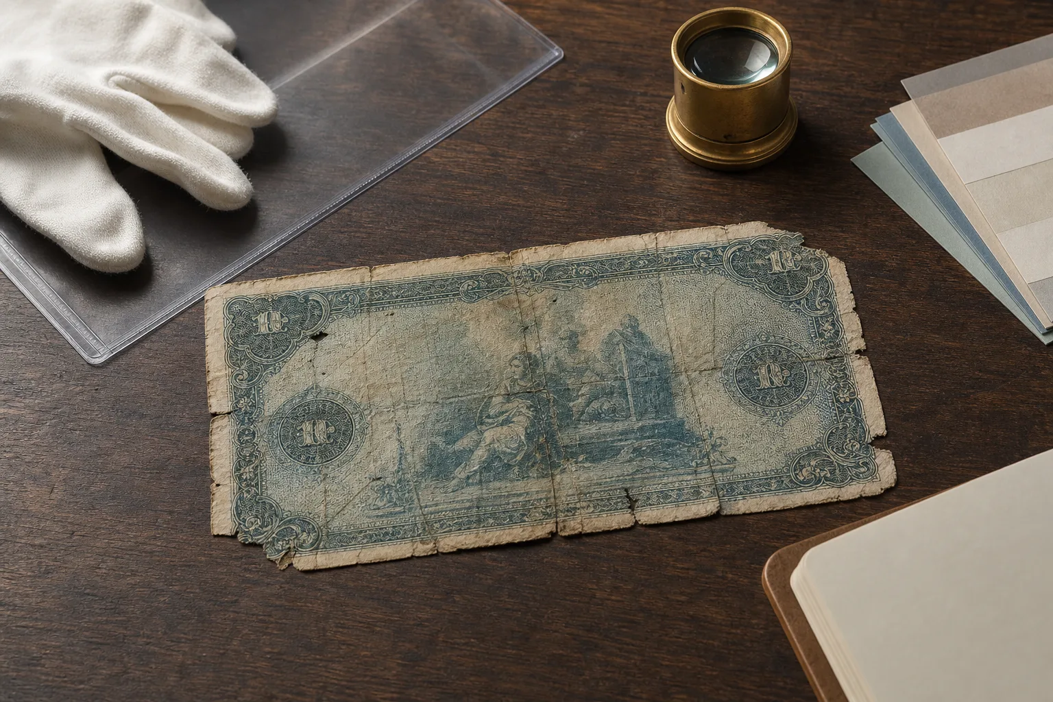A heavily worn fictional obsolete banknote with tears and missing edges on a collector’s desk