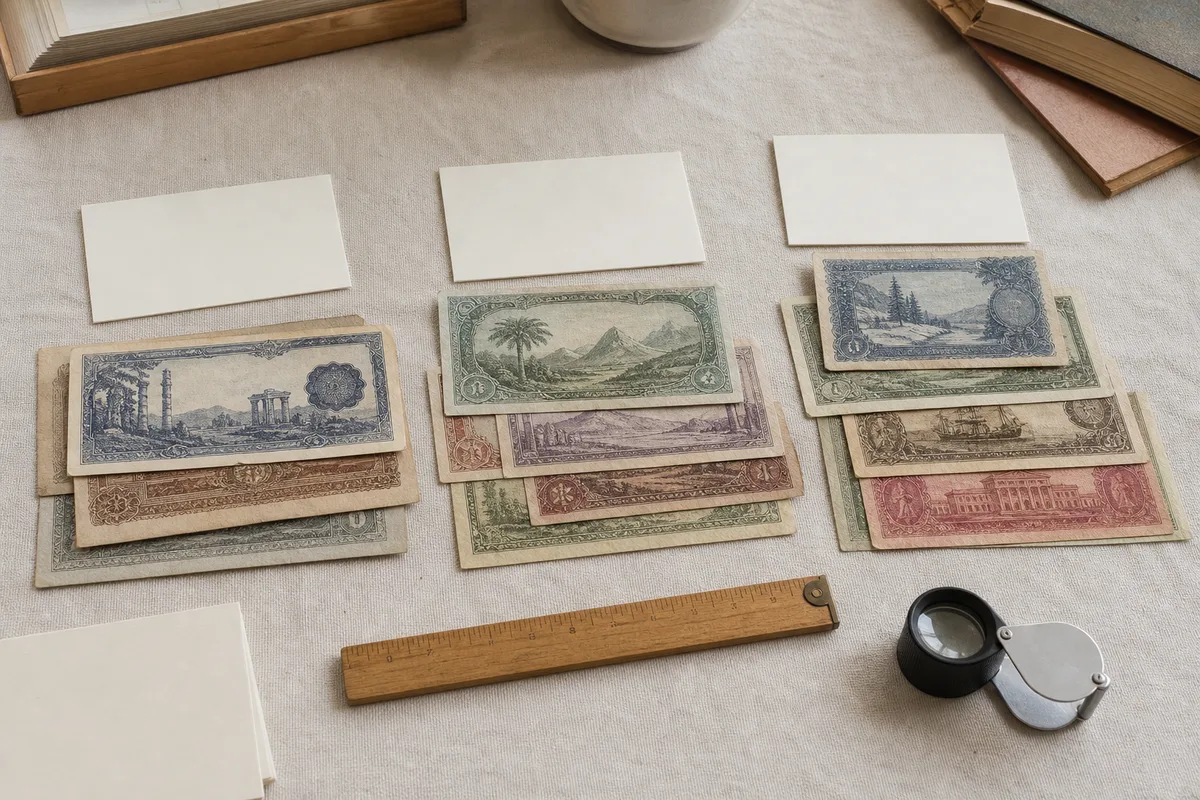 Three groups of fictional obsolete banknotes arranged with blank cards, a ruler, and a loupe