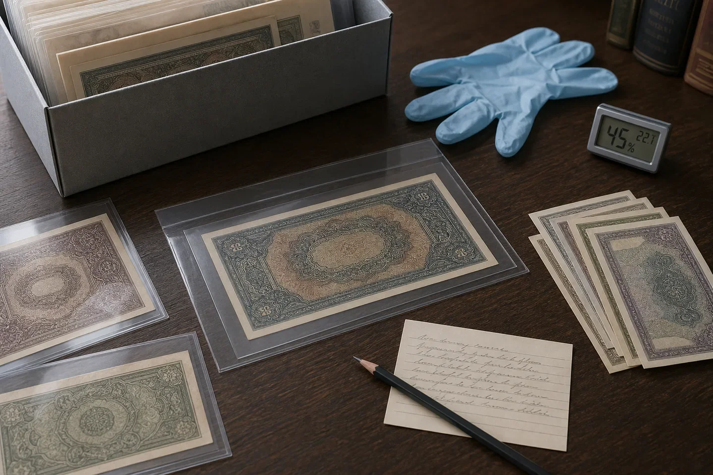 Fictional collectible banknotes in clear archival sleeves beside an acid-free storage box and hygrometer