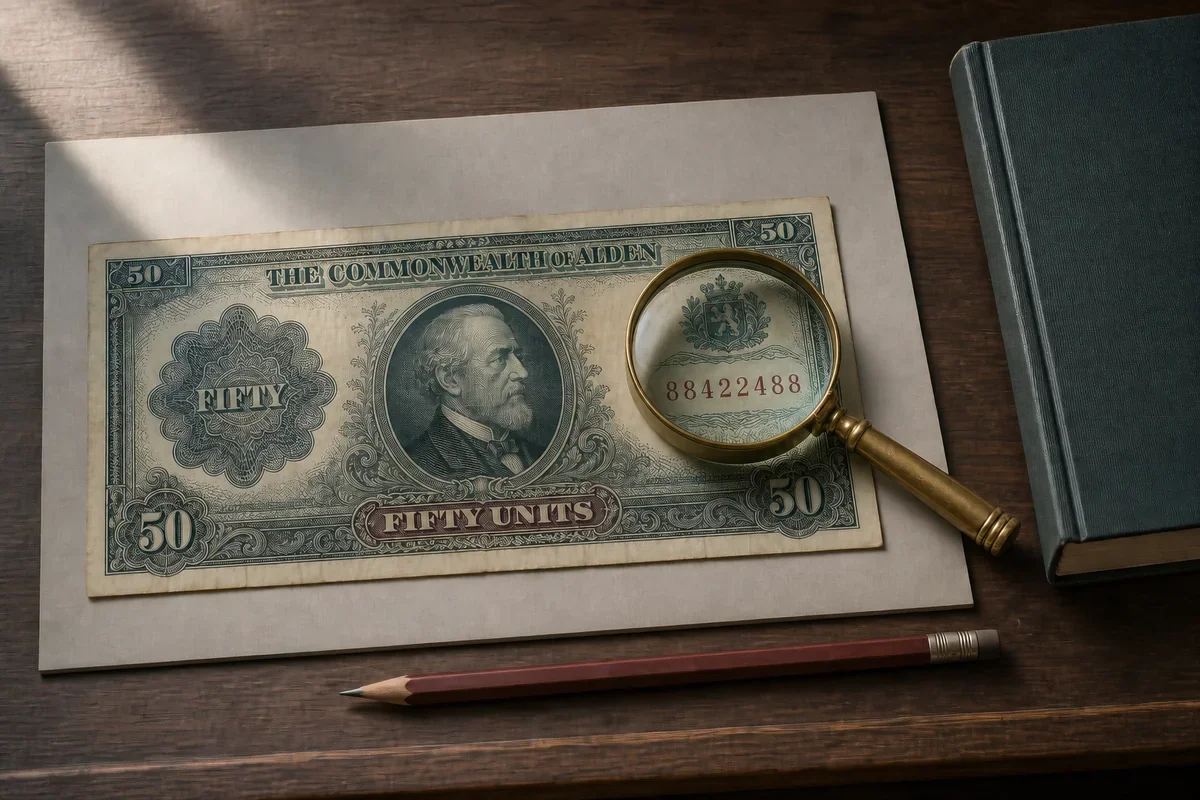 Magnifying loupe over the radar serial number on a fictional obsolete banknote at a collector desk