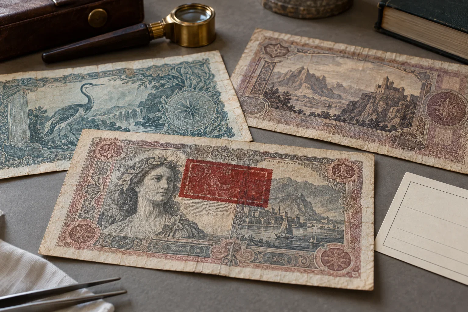 Fictional obsolete paper notes and a loupe on a collector desk, one note bearing a dark red added mark